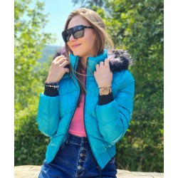 Дамско пухено яке с качулка, City Angels Jeans, Тюркоаз, 6813